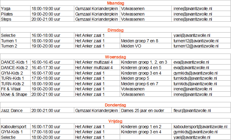 avanti turnen dans gymnastiek Lesrooster 26-27