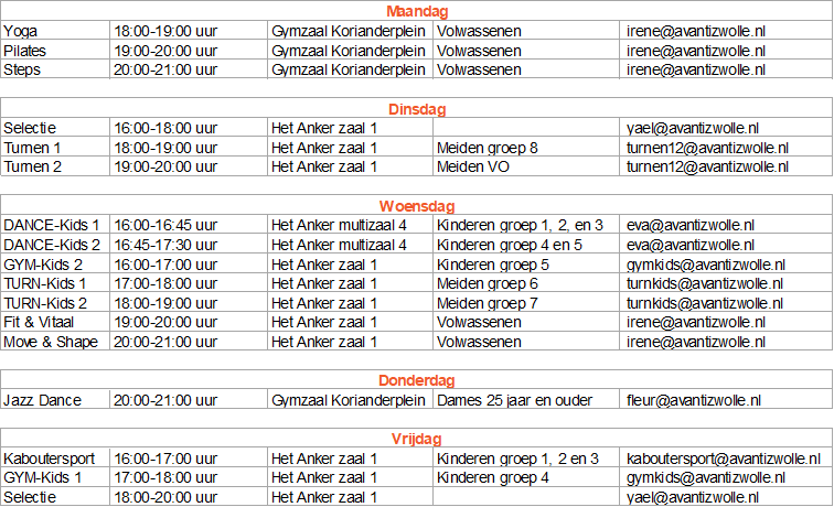 avanti turnen dans gymnastiek Lesrooster 25-26